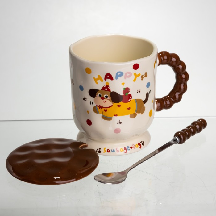 Новорічна порцелянова чашка "Весела Такса" з кришкою та ложкою 400 мл, Святкова кружка чашка для дітей на подарунок FM-17A (37593)