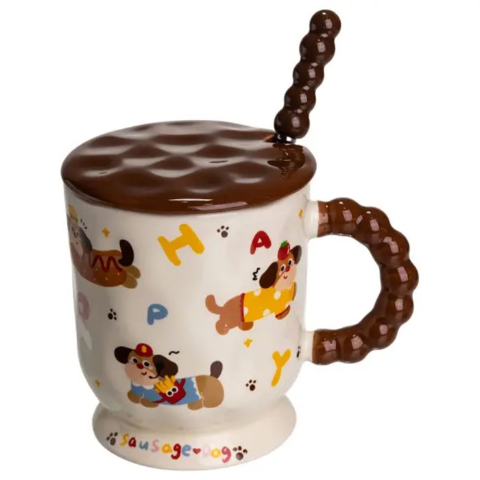Новорічна порцелянова чашка "Весела Такса" з кришкою та ложкою 400 мл, Святкова кружка чашка для дітей на подарунок FM-17B (87577)
