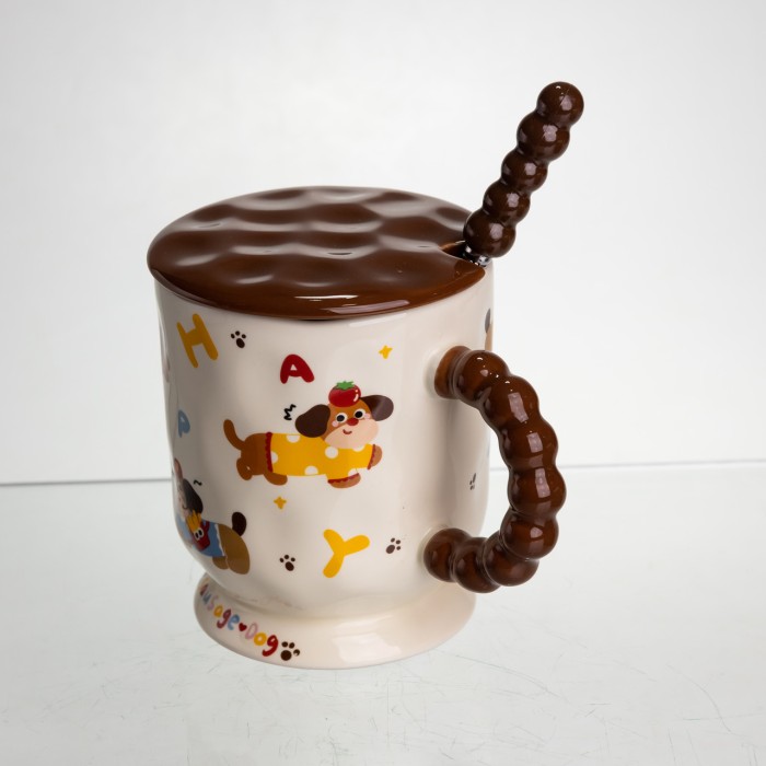 Новорічна порцелянова чашка "Весела Такса" з кришкою та ложкою 400 мл, Святкова кружка чашка для дітей на подарунок FM-17B (87577)