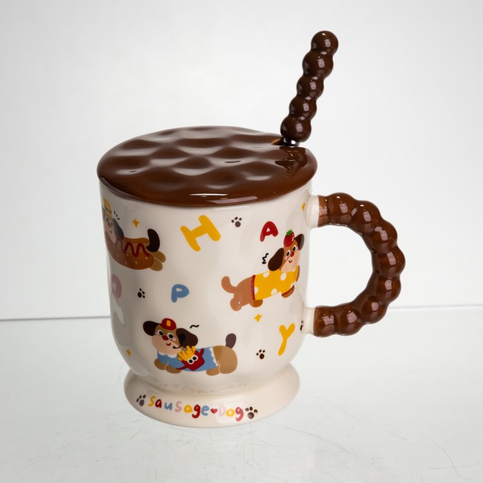 Новорічна порцелянова чашка "Весела Такса" з кришкою та ложкою 400 мл, Святкова кружка чашка для дітей на подарунок FM-17B (87577)