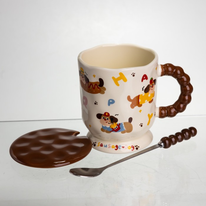 Новорічна порцелянова чашка "Весела Такса" з кришкою та ложкою 400 мл, Святкова кружка чашка для дітей на подарунок FM-17B (87577)