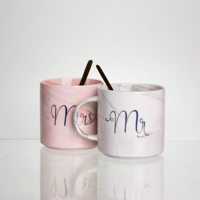 Набір парних порцелянових чашок Mr&Mis 2 (шт) по 400 (мл) чашки на подарунок з ложкою FM-28 (64858)