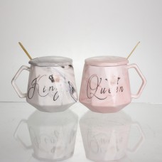 Набір парних порцелянових чашок Queen&King 2 (шт) по 400 (мл) чашки на подарунок із кришкою і ложкою Рожевий з блакитним FM-31 (54116)