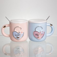 Набір парних порцелянових чашок із серцем 2 (шт) по 400 (мл) чашки на подарунок із кришкою та ложкою Рожевий з блакитним FM-32 (39146)