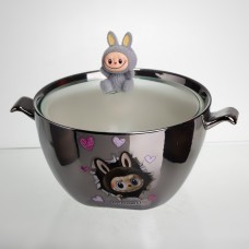 Бульйонниця порцелянова Labubu з кришкою та ручками 800 (мл) Ø15 (см) дитяча тарілка для супу та локшини Сріблястий з сірим FM-34A (61282)