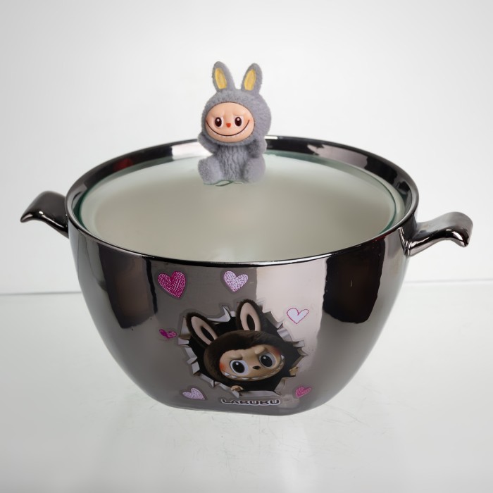 Бульйонниця порцелянова Labubu з кришкою та ручками 800 (мл) Ø15 (см) дитяча тарілка для супу та локшини Сріблястий з сірим FM-34A (61282)