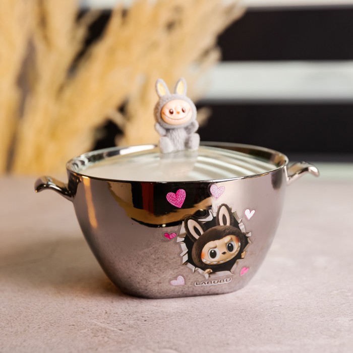 Бульйонниця порцелянова Labubu з кришкою та ручками 800 (мл) Ø15 (см) дитяча тарілка для супу та локшини Сріблястий з сірим FM-34A (61282)