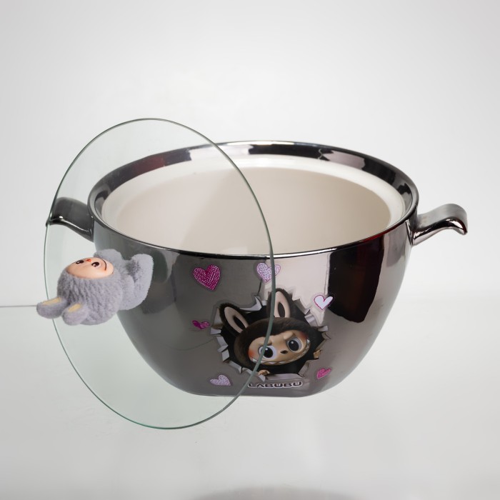 Бульйонниця порцелянова Labubu з кришкою та ручками 800 (мл) Ø15 (см) дитяча тарілка для супу та локшини Сріблястий з сірим FM-34A (61282)