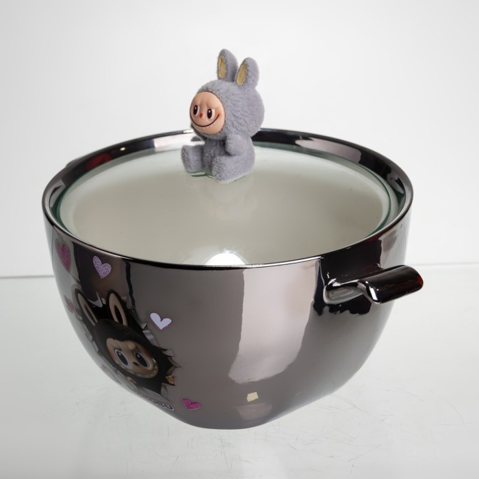 Бульйонниця порцелянова Labubu з кришкою та ручками 800 (мл) Ø15 (см) дитяча тарілка для супу та локшини Сріблястий з сірим FM-34A (61282)