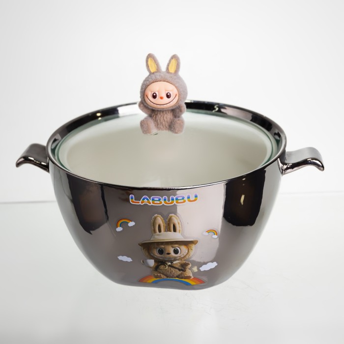 Бульйонниця порцелянова Labubu з кришкою та ручками 800 (мл) Ø15 (см) дитяча тарілка для супу та локшини Сріблястий з коричневим FM-34B (39655)