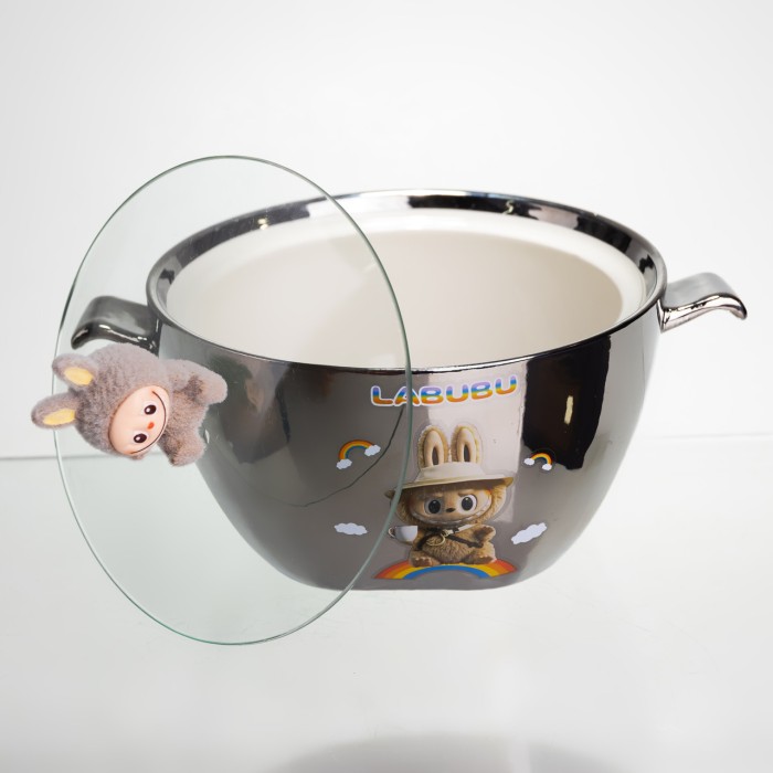 Бульйонниця порцелянова Labubu з кришкою та ручками 800 (мл) Ø15 (см) дитяча тарілка для супу та локшини Сріблястий з коричневим FM-34B (39655)