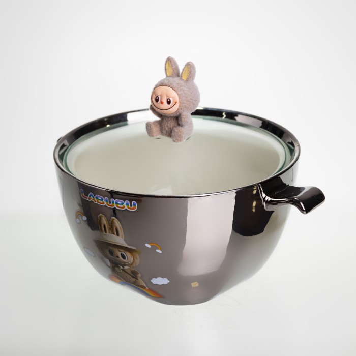 Бульйонниця порцелянова Labubu з кришкою та ручками 800 (мл) Ø15 (см) дитяча тарілка для супу та локшини Сріблястий з коричневим FM-34B (39655)