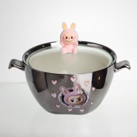 Бульйонниця порцелянова Labubu з кришкою та ручками 800 (мл) Ø15 (см) дитяча тарілка для супу та локшини Сріблястий з рожевим FM-34C (47536)