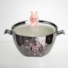 Бульйонниця порцелянова Labubu з кришкою та ручками 800 (мл) Ø15 (см) дитяча тарілка для супу та локшини Сріблястий з рожевим FM-34C (47536)