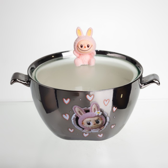 Бульйонниця порцелянова Labubu з кришкою та ручками 800 (мл) Ø15 (см) дитяча тарілка для супу та локшини Сріблястий з рожевим FM-34C (47536)