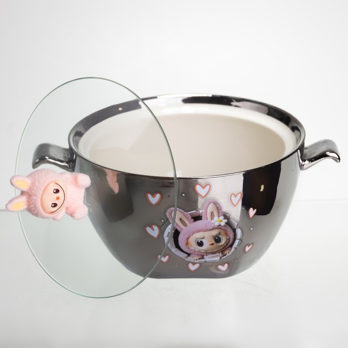 Бульйонниця порцелянова Labubu з кришкою та ручками 800 (мл) Ø15 (см) дитяча тарілка для супу та локшини Сріблястий з рожевим FM-34C (47536)