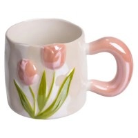 Новорічна порцелянова чашка для чаю та кави "Ніжний Тюльпан" з 3D-декором 400 мл, святкова кружка чашка на подарунок Рожевий FM-40A (74762)
