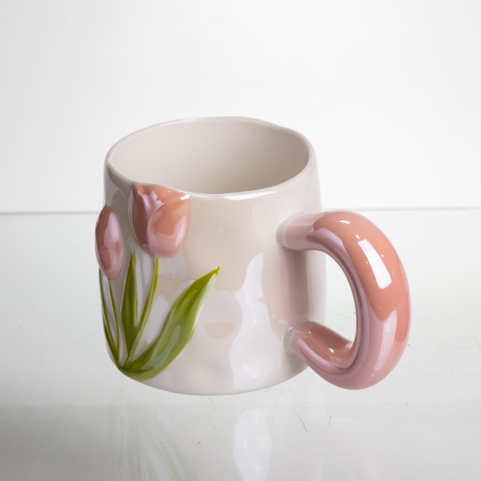 Новорічна порцелянова чашка для чаю та кави "Ніжний Тюльпан" з 3D-декором 400 мл, святкова кружка чашка на подарунок Рожевий FM-40A (74762)