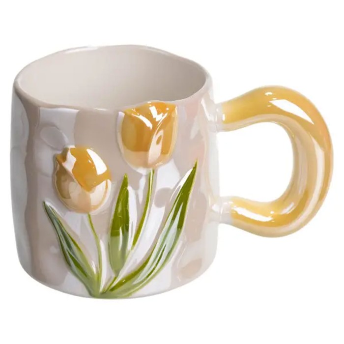 Новорічна порцелянова чашка для чаю та кави "Ніжний Тюльпан" з 3D-декором 400 мл, святкова кружка чашка на подарунок Помаранчевий FM-40B (61297)