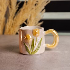Новорічна порцелянова чашка для чаю та кави "Ніжний Тюльпан" з 3D-декором 400 мл, святкова кружка чашка на подарунок Помаранчевий FM-40B (61297)