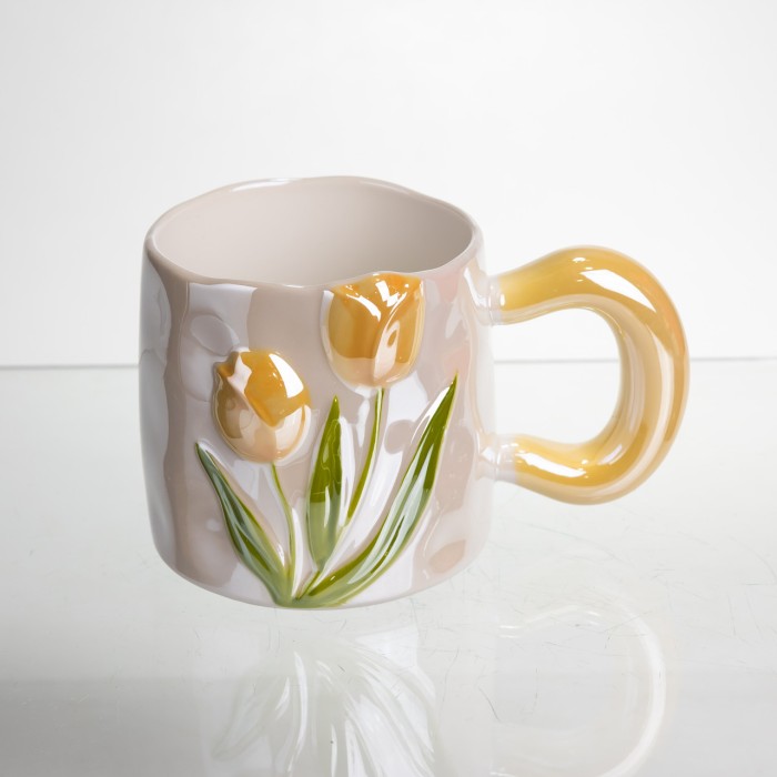 Новорічна порцелянова чашка для чаю та кави "Ніжний Тюльпан" з 3D-декором 400 мл, святкова кружка чашка на подарунок Помаранчевий FM-40B (61297)