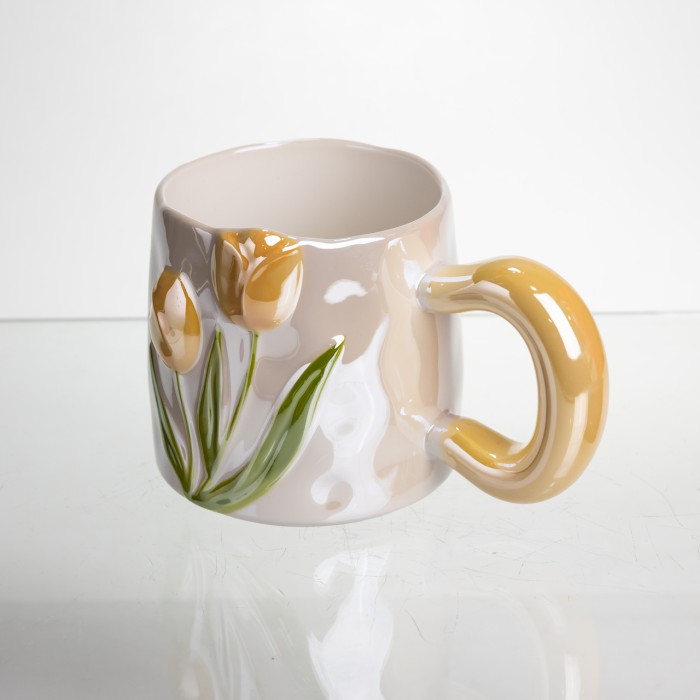 Новорічна порцелянова чашка для чаю та кави "Ніжний Тюльпан" з 3D-декором 400 мл, святкова кружка чашка на подарунок Помаранчевий FM-40B (61297)