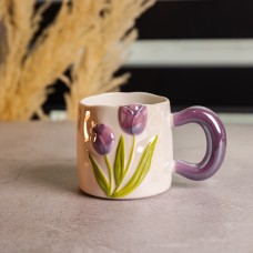 Новорічна порцелянова чашка для чаю та кави "Ніжний Тюльпан" з 3D-декором 400 мл, святкова кружка чашка на подарунок Фіолетовий FM-40C (41129)
