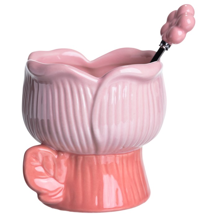 Креманка порцелянова з ложкою у формі квітки 300 (мл) креманка для десертів, морозива та желе Рожевий FM-42P (75693)