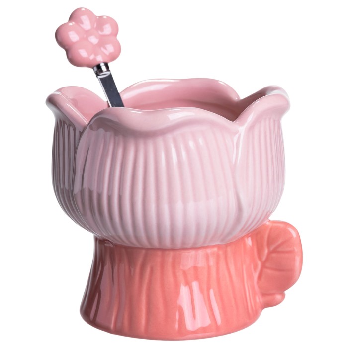 Креманка порцелянова з ложкою у формі квітки 300 (мл) креманка для десертів, морозива та желе Рожевий FM-42P (75693)