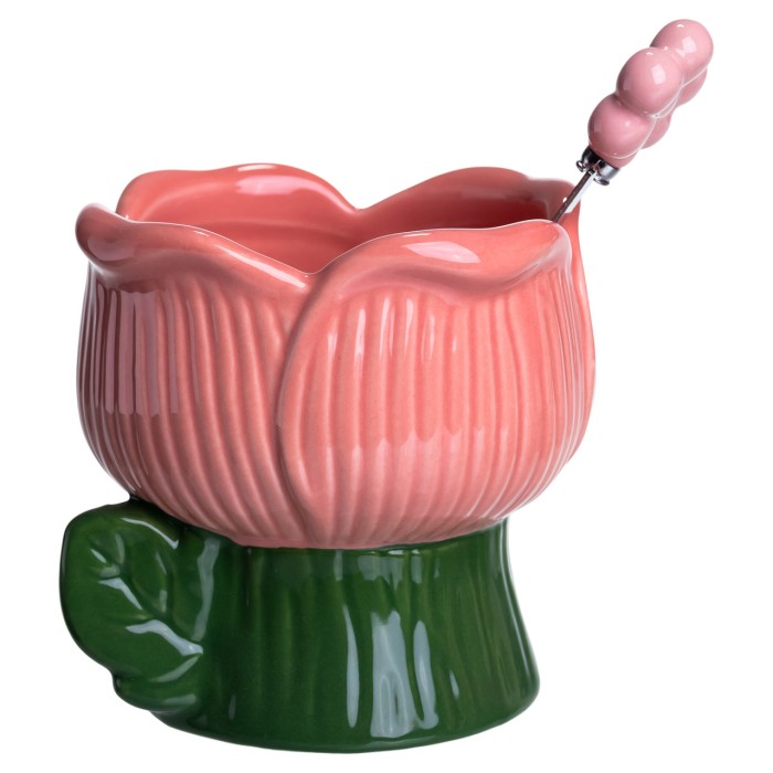 Креманка порцелянова з ложкою у формі квітки 300 (мл) креманка для десертів, морозива та желе Зелений з рожевим FM-42GR (55621)