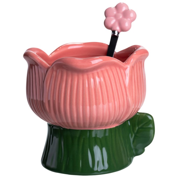 Креманка порцелянова з ложкою у формі квітки 300 (мл) креманка для десертів, морозива та желе Зелений з рожевим FM-42GR (55621)