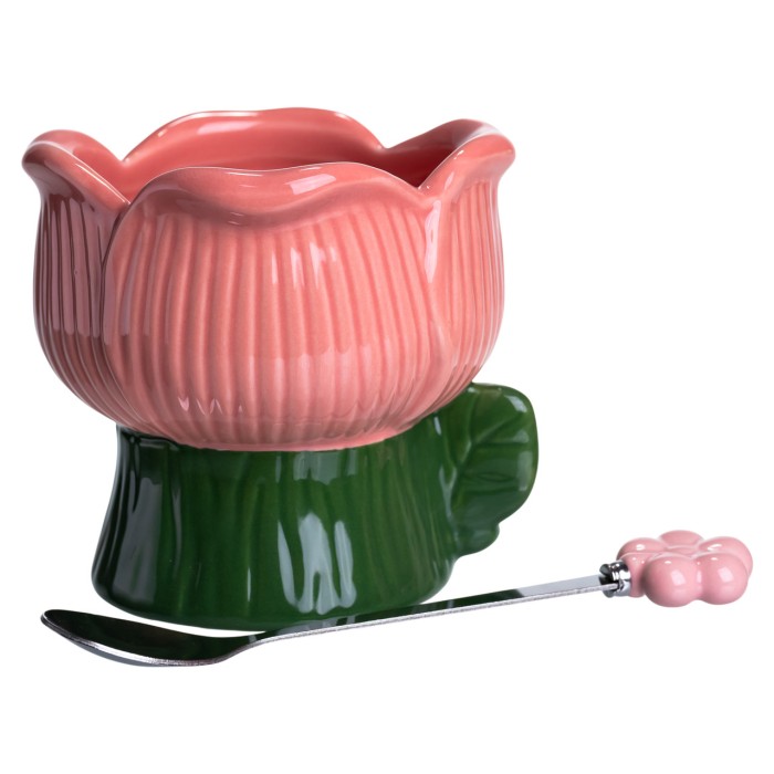 Креманка порцелянова з ложкою у формі квітки 300 (мл) креманка для десертів, морозива та желе Зелений з рожевим FM-42GR (55621)