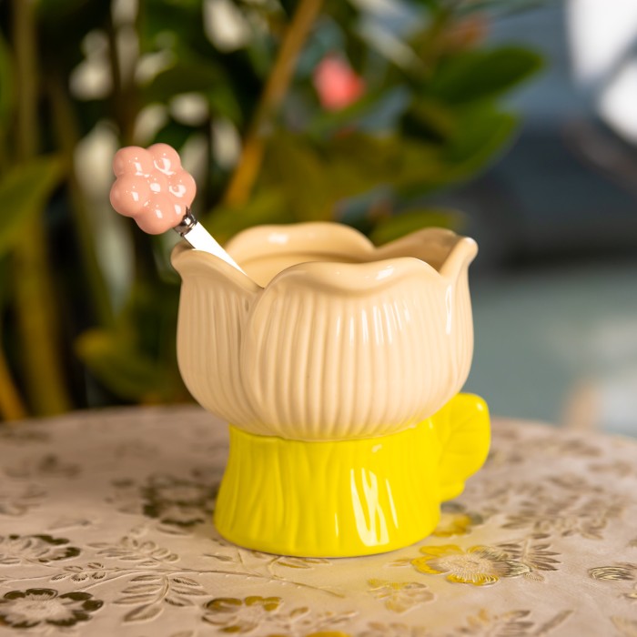 Креманка порцелянова з ложкою у формі квітки 300 (мл) креманка для десертів, морозива та желе Жовтий FM-42BE (77865)