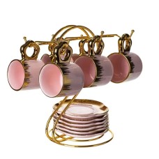 Набір чашок для кави на металевій підставці 6 (шт) по 100 (мл) подарунковий кавовий сервіз набір чашок Розовий із золотом FM-48 (52421)