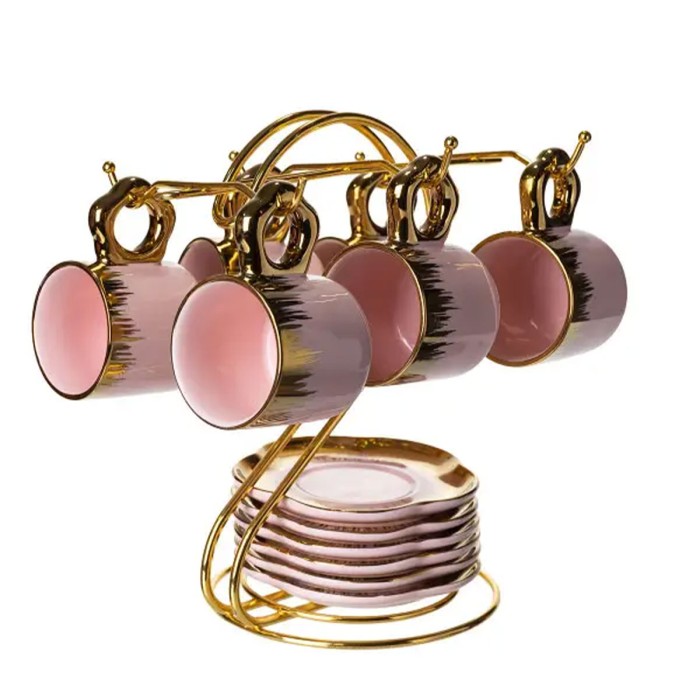 Набір чашок для кави на металевій підставці 6 (шт) по 100 (мл) подарунковий кавовий сервіз набір чашок Розовий із золотом FM-48 (52421)