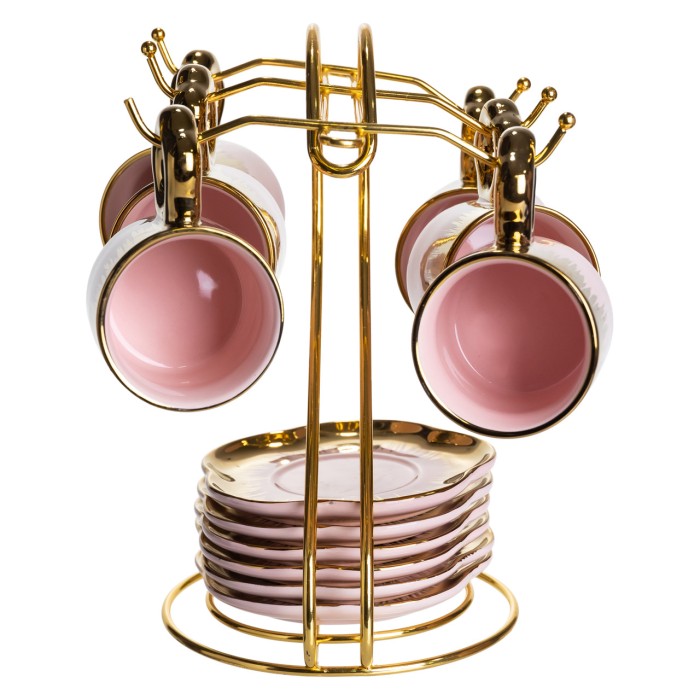 Набір чашок для кави на металевій підставці 6 (шт) по 100 (мл) подарунковий кавовий сервіз набір чашок Розовий із золотом FM-48 (52421)