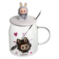 Новорічна велика скляна чашка "Лабубу" з кришкою та ложкою 600 мл, Святкова кружка чашка для дітей на подарунок Сірий FM-56A (18178)