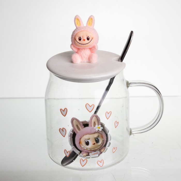 Новорічна велика скляна чашка "Лабубу" з кришкою та ложкою 600 мл, Святкова кружка чашка для дітей на подарунок Рожевий FM-56B (62116)