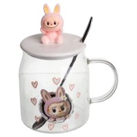 Новорічна велика скляна чашка "Лабубу" з кришкою та ложкою 600 мл, Святкова кружка чашка для дітей на подарунок Рожевий FM-56B (62116)