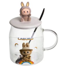 Новорічна велика скляна чашка "Лабубу" з кришкою та ложкою 600 мл, Святкова кружка чашка для дітей на подарунок Коричневий FM-56C (66533)