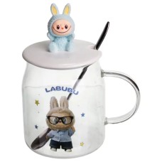 Новорічна велика скляна чашка "Лабубу" з кришкою та ложкою 600 мл, Святкова кружка чашка для дітей на подарунок Блакитний FM-56D (67026)