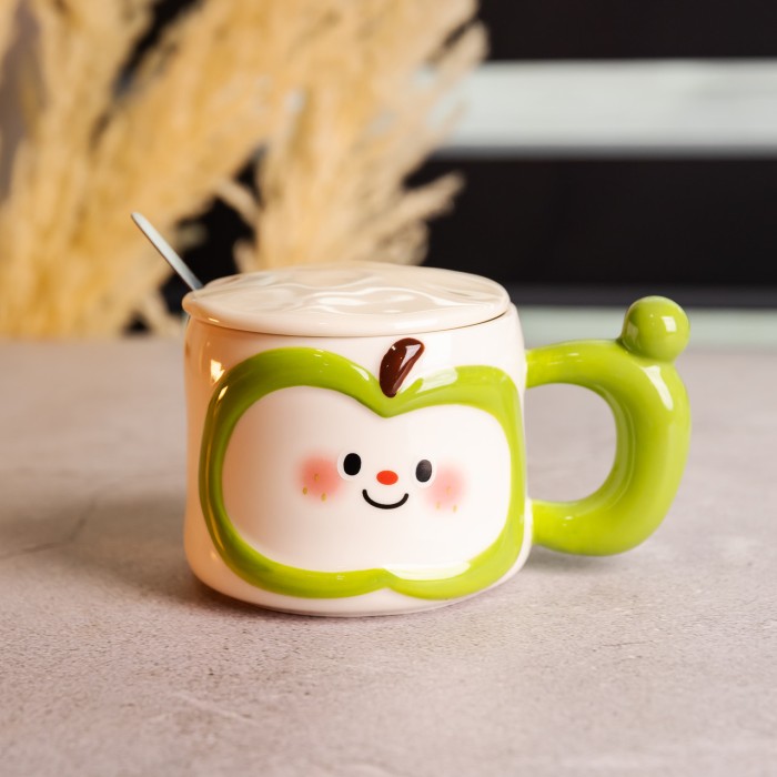 Чашка порцелянова 400 (мл) з кришкою та ложкою, оригінальна кружка на подарунок чашка для дітей Зелений FM-25A (88979)