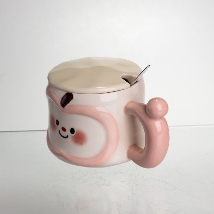 Чашка порцелянова 400 (мл) з кришкою та ложкою, оригінальна кружка на подарунок чашка для дітей Рожевий FM-25C (26364)