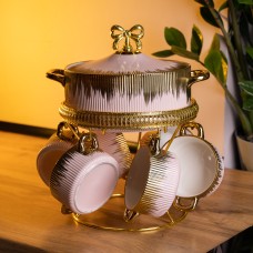 Суповий сервіз на 6 персон супниця 2 (л) на підставці з бульйонницями 400 (мл) тарілки для супу Рожевий з золотом FM-A23-5 (48534)