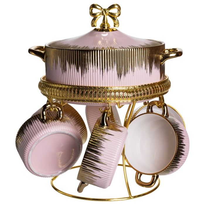 Суповий сервіз на 6 персон супниця 2 (л) на підставці з бульйонницями 400 (мл) тарілки для супу Рожевий з золотом FM-A23-5 (48534)