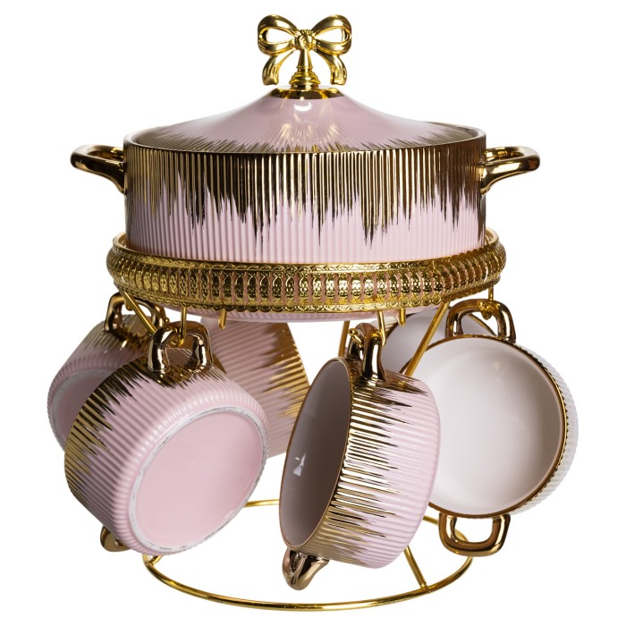 Суповий сервіз на 6 персон супниця 2 (л) на підставці з бульйонницями 400 (мл) тарілки для супу Рожевий з золотом FM-A23-5 (48534)