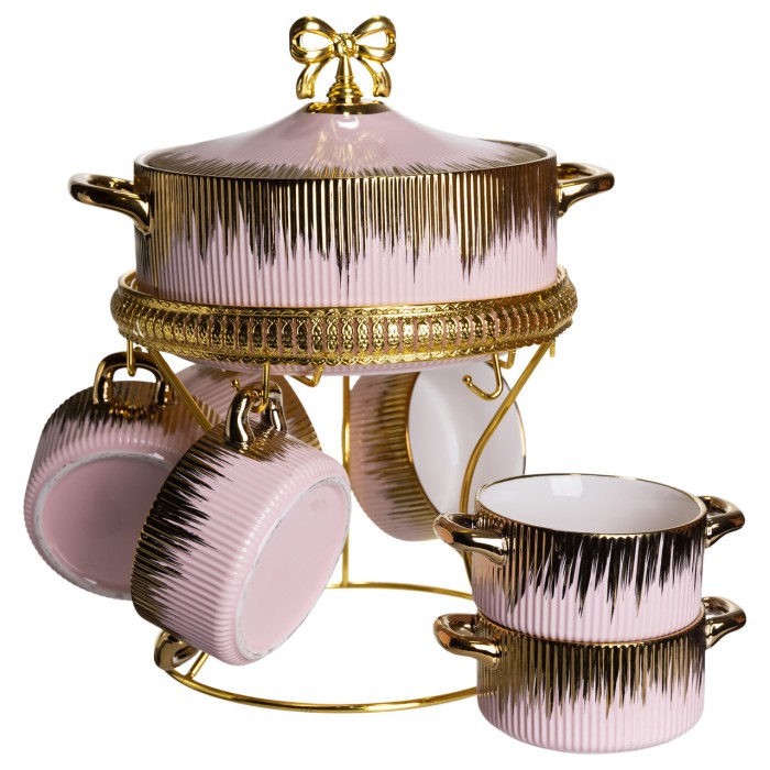 Суповий сервіз на 6 персон супниця 2 (л) на підставці з бульйонницями 400 (мл) тарілки для супу Рожевий з золотом FM-A23-5 (48534)