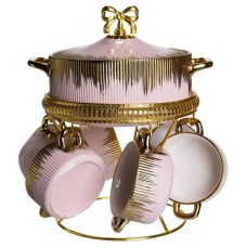 Суповий сервіз на 6 персон супниця 2 (л) на підставці з бульйонницями 400 (мл) тарілки для супу Рожевий з золотом FM-A23-5 (48534)