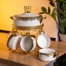 Суповий сервіз на 6 персон супниця 2 (л) на підставці з бульйонницями 400 (мл) тарілки для супу Білий із золотом FM-A23-2 (36565)