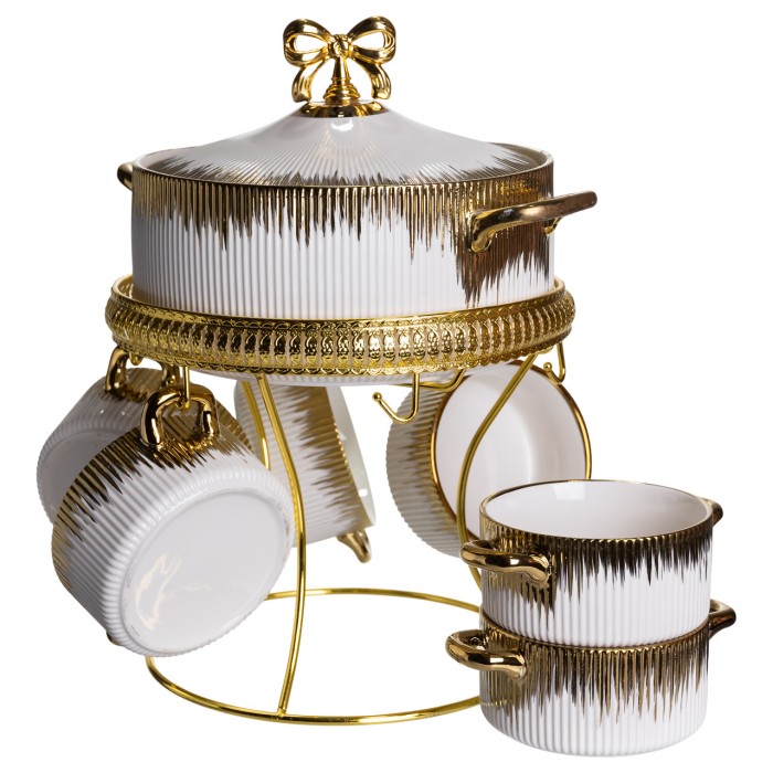 Суповий сервіз на 6 персон супниця 2 (л) на підставці з бульйонницями 400 (мл) тарілки для супу Білий із золотом FM-A23-2 (36565)